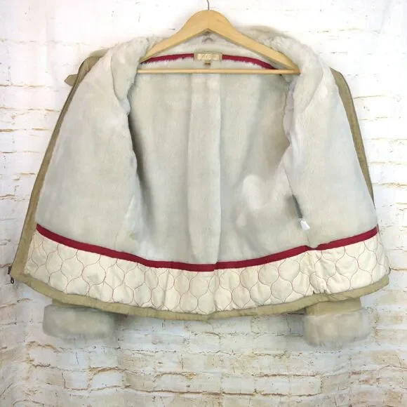 VTG Wilsons Suede Leather Bomber Aviator Flight Jacket Womens L Fur Lined Beige